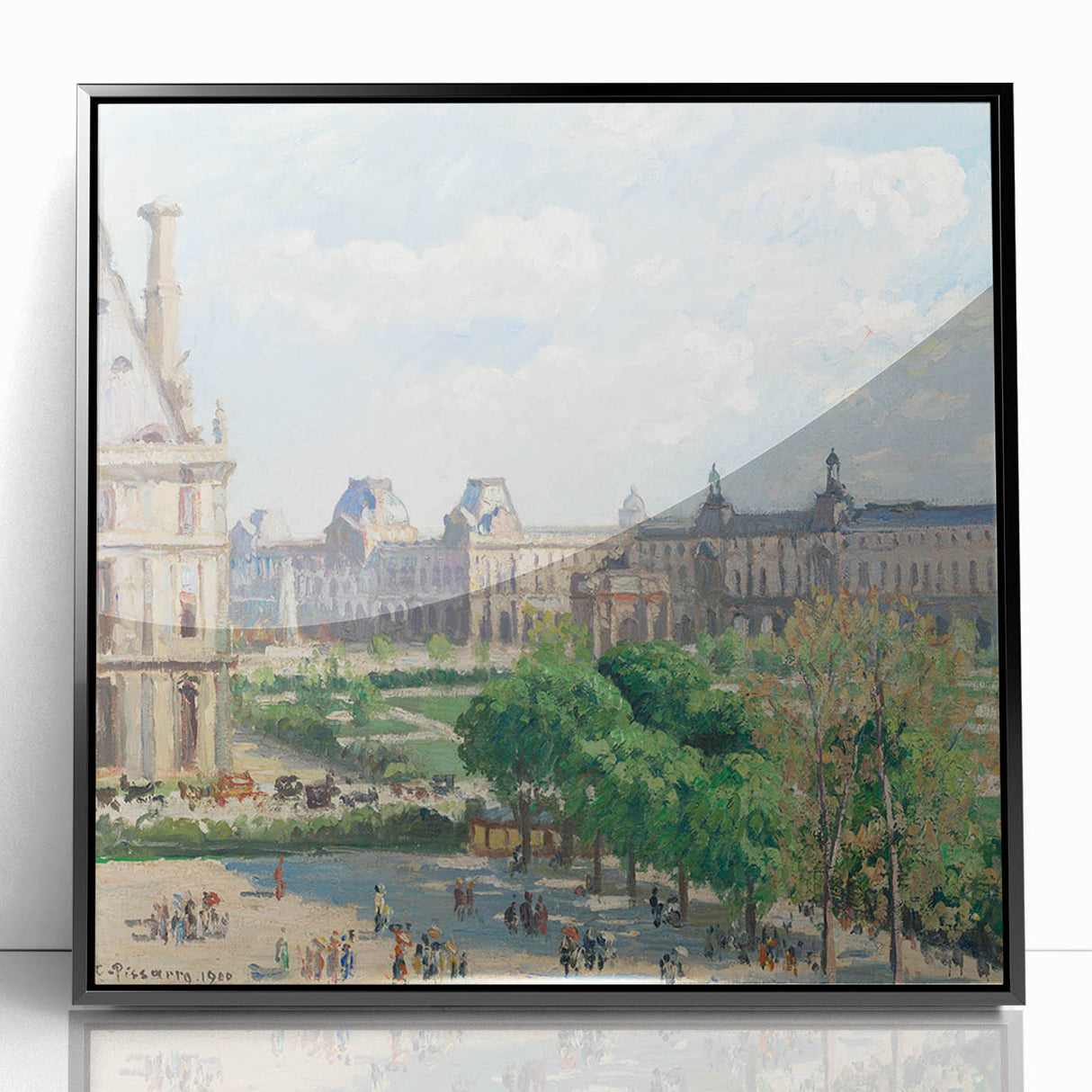 Large abstract wall art depicting a mid-century modernist scene in muted earth tones, framed in black acrylic.