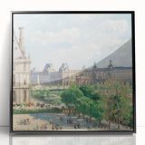 Large abstract wall art depicting a mid-century modernist scene in muted earth tones, framed in black acrylic.
