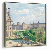 Vintage poster art of a colorful landscape painting by Camille Pissarro, framed in black, ideal for living room decor.