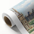 Art deco poster featuring a serene landscape in soft green and blue hues on rolled canvas, ideal for nursery wall art.
