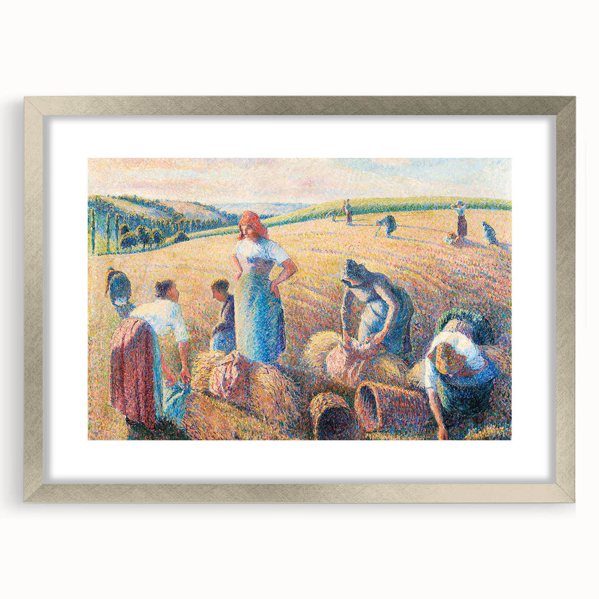 Textured art print of abstract shapes in muted earth tones on a silver-framed canvas, suitable for bedroom art.