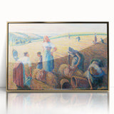 Large art print of a mid-century modernist painting by Camille Pissarro, featuring soft pastel tones on framed acrylic.