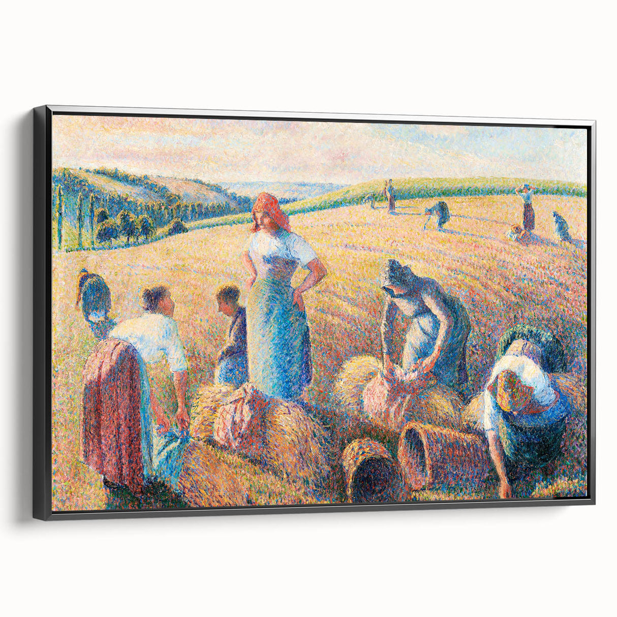 Black and white framed canvas of a Camille Pissarro landscape painting, ideal for bedroom wall art.