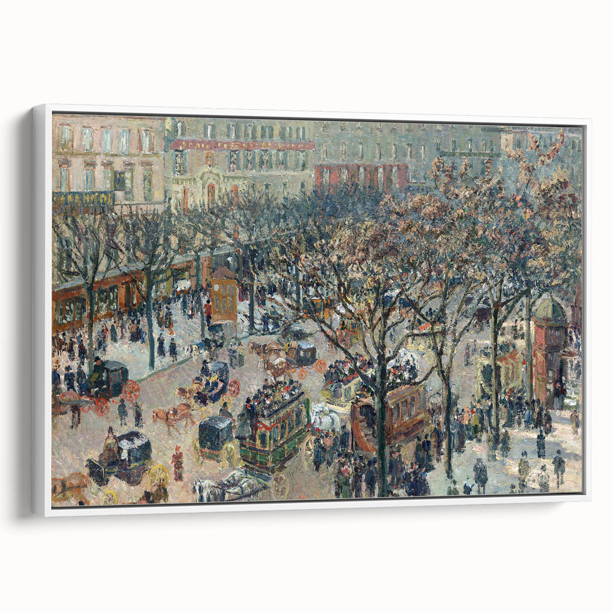 Vintage poster art of a colorful Camille Pissarro painting, framed canvas in white, ideal for extra large living room wall.