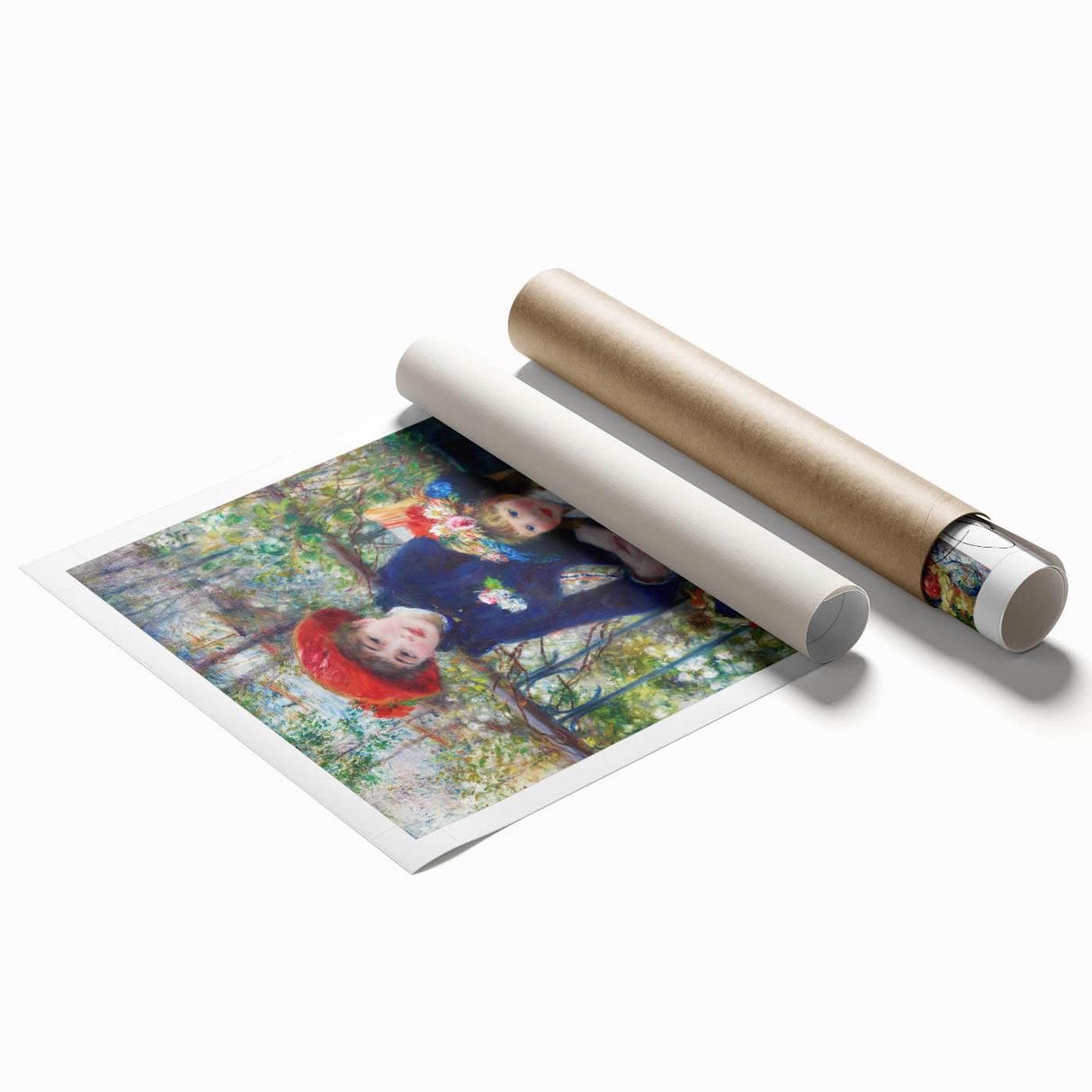 Extra large rolled print of a Camille Pissarro floral scene in muted green and pink tones.