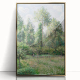 Large art print of a Camille Pissarro painting in a gold frame, featuring a rural landscape in soft earth tones.