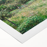 Art deco poster featuring a Camille Pissarro painting on rolled canvas, with muted earth tones.