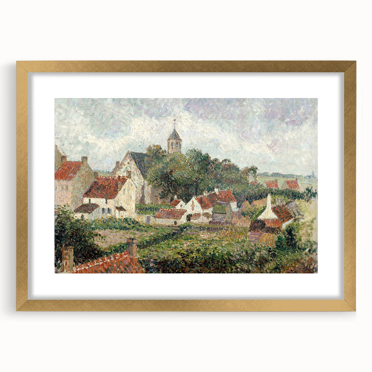 Extra large abstract art print of a textured Camille Pissarro design in a gold frame, ideal for living room decor.