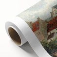 Art Deco poster of a serene landscape in soft green and blue tones on rolled canvas, ideal for nursery wall art.