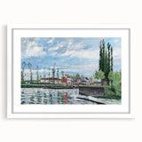 Abstract art print of a Camille Pissarro design on white framed canvas, featuring muted earth tones.