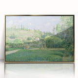 Mid-century modernist art print of Camille Pissarro's design, featuring muted earth tones on a framed acrylic.