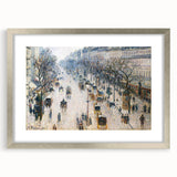 Textured art print of an abstract cityscape in muted gray and blue tones on a silver-framed canvas.