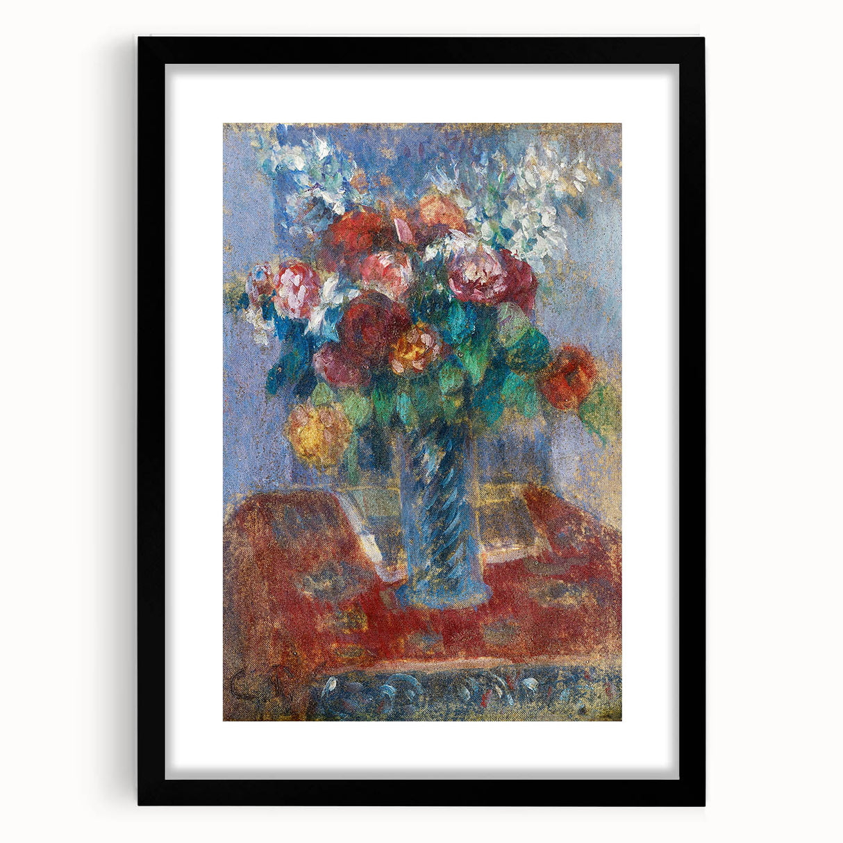 Extra large abstract art print featuring colorful, textured strokes on a black framed canvas, ideal for living room decor.