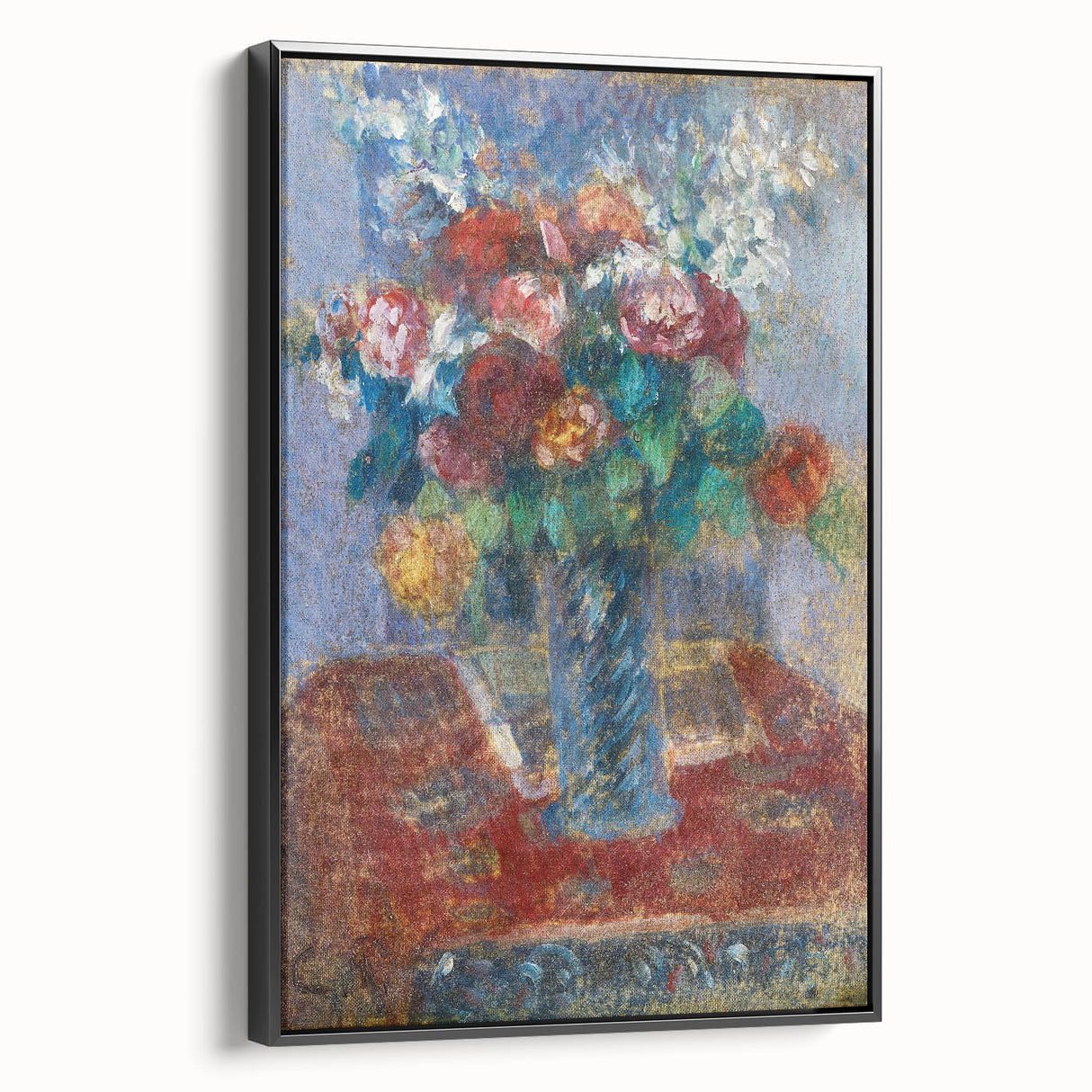 Black and white wall art featuring a vintage poster-style landscape painting on framed canvas, suitable for bedroom decor.