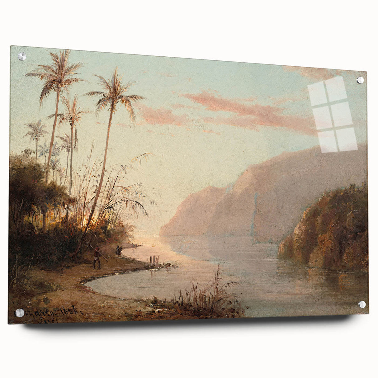 Camille Pissarro-inspired acrylic glass art depicting a rural landscape in muted earth tones.