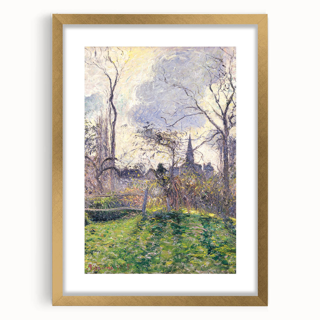 Extra large wall art featuring an abstract print of Camille Pissarro’s work in a gold frame, ideal for living room decor.