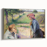 Landscape art painting by Camille Pissarro featuring colorful rural scene, framed in silver, ideal for vintage-themed decor.