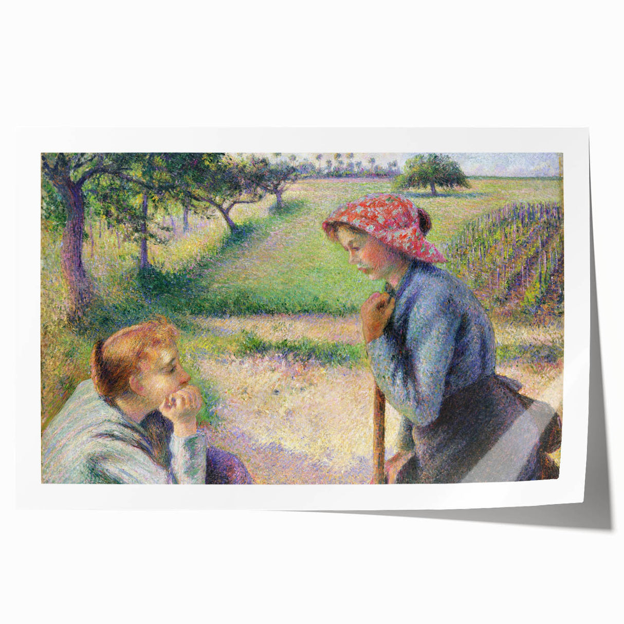 Rolled print of Camille Pissarro's impressionist floral artwork in soft green and yellow tones.