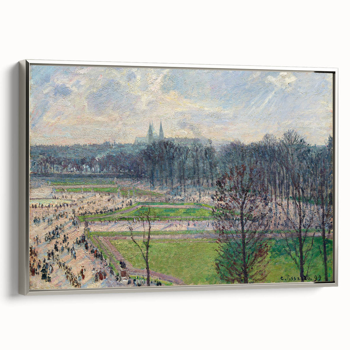 Framed canvas featuring a Camille Pissarro landscape painting with vibrant green and blue colors.