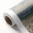 Art Deco style poster of a serene landscape, muted green and blue tones, on rolled canvas, ideal for nursery wall art.