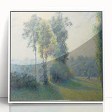Art deco poster featuring a Camille Pissarro painting in muted earth tones, framed acrylic, ideal for modern nursery decor.