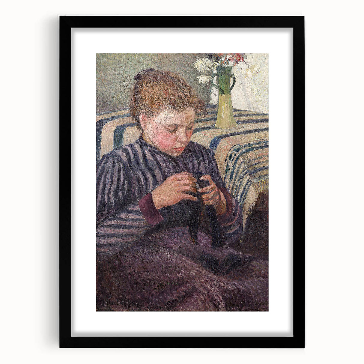Extra large abstract art print of colorful, textured scenery by Camille Pissarro on a black framed canvas.