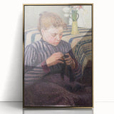Large art print of a Camille Pissarro painting in gold frame, featuring a rural landscape in muted greens and blues.