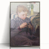 Mid-century modernist art by Camille Pissarro, featuring rural landscape in muted colors, silver-framed acrylic.