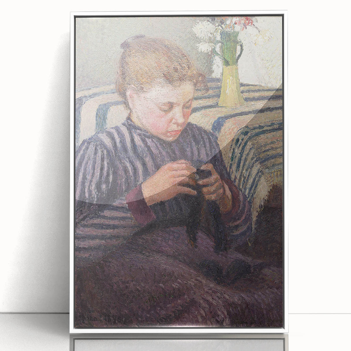 Art deco poster featuring a Camille Pissarro painting in muted colors, framed in white acrylic.
