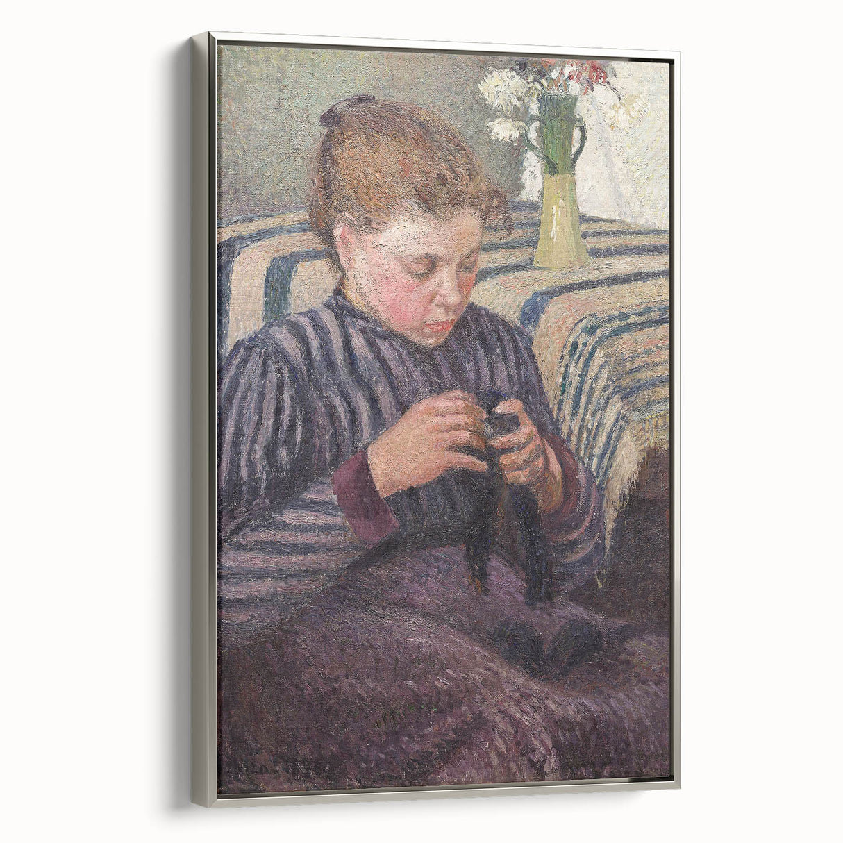 Framed canvas of a Camille Pissarro landscape painting featuring a colorful rural scene, ideal for living room decor.