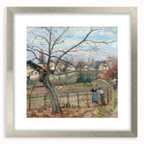 Textured abstract art print of a serene landscape in muted greens and blues, framed in silver, ideal for bedroom ambiance.