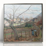 Mid-century modernist art depicting a serene landscape in soft green and blue tones, acrylic print framed in silver.