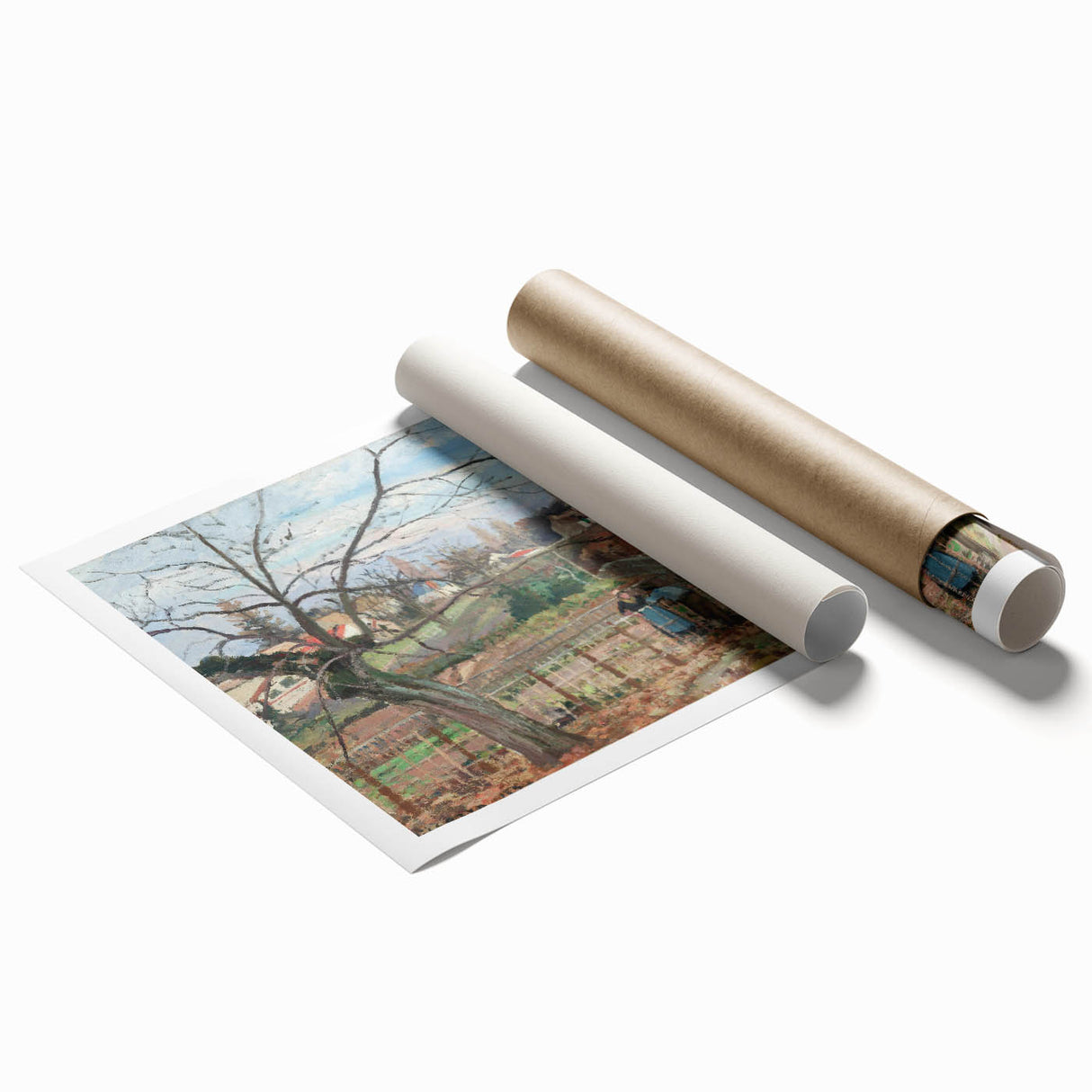 Rolled print of a Camille Pissarro floral painting in soft pastel shades, suitable for large bathroom or living room walls.