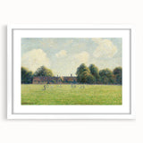 Abstract art print of a Camille Pissarro design in muted earth tones on a white framed canvas, ideal for dining room decor.