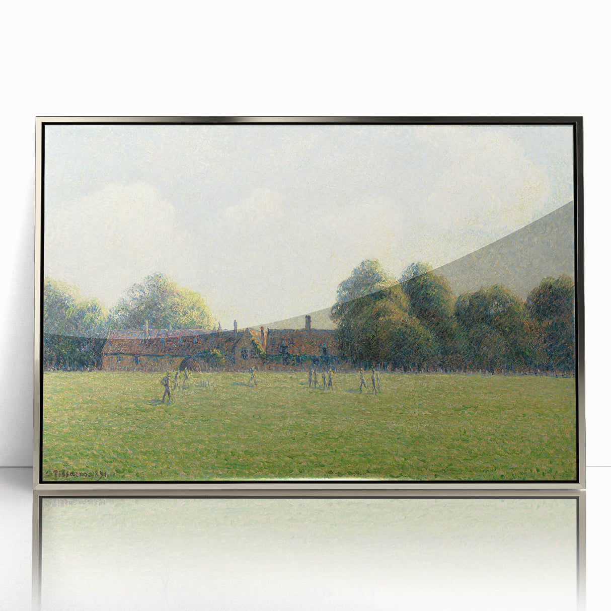Mid-century modernist art by Camille Pissarro, featuring a rural landscape in muted greens and blues.