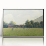 Mid-century modernist art by Camille Pissarro, featuring a rural landscape in muted greens and blues.
