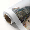 Art deco poster of a vibrant cityscape on rolled canvas, ideal for nursery wall art or dining room decor.