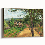 Framed canvas featuring a Camille Pissarro landscape painting with muted earth tones, ideal for bedroom wall art.