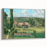Landscape art painting by Camille Pissarro, featuring colorful rural scenery on framed canvas.