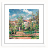 Abstract art print of a vibrant landscape by Camille Pissarro, framed in white, ideal for dining room decor.