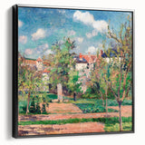 Black and white wall art of a Camille Pissarro landscape, framed canvas, in vintage poster style, ideal for bedroom decor.