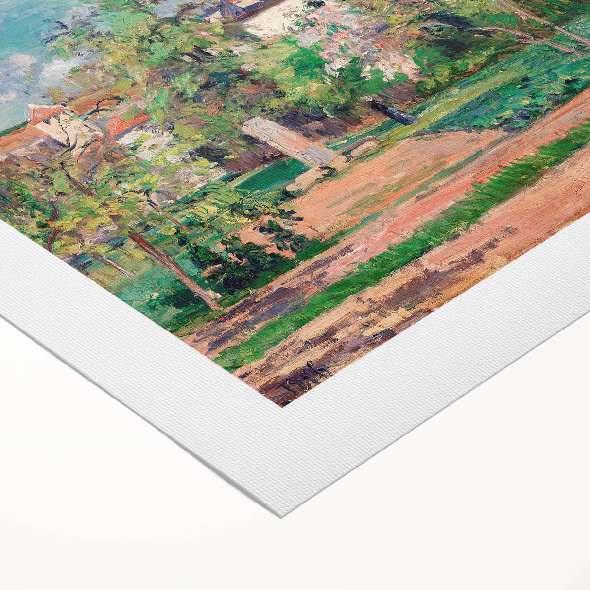 Art deco poster featuring a Camille Pissarro landscape on a rolled canvas, suitable for dining room decor.