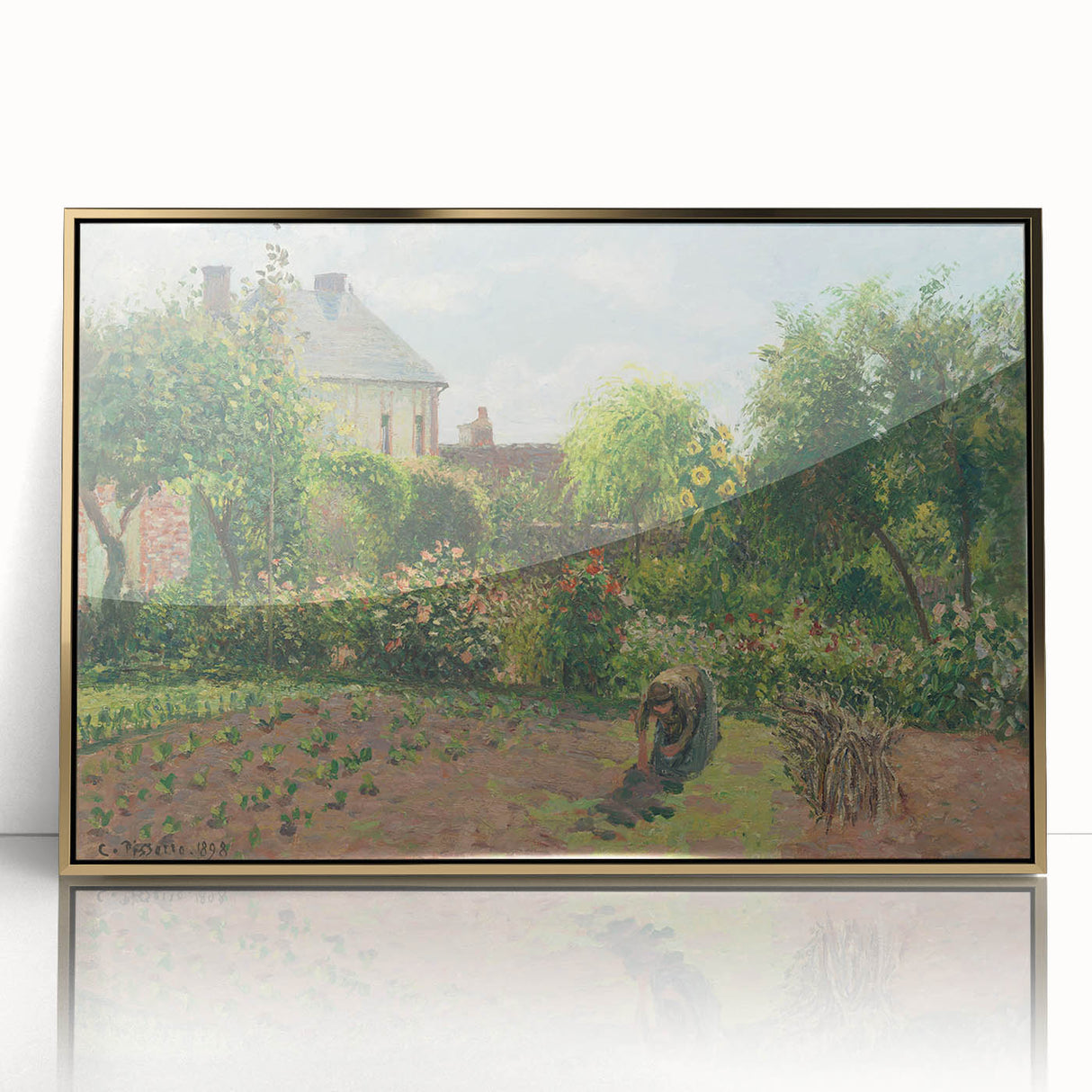 Mid-century modernist acrylic print of a Camille Pissarro painting, featuring muted earth tones, framed in gold.