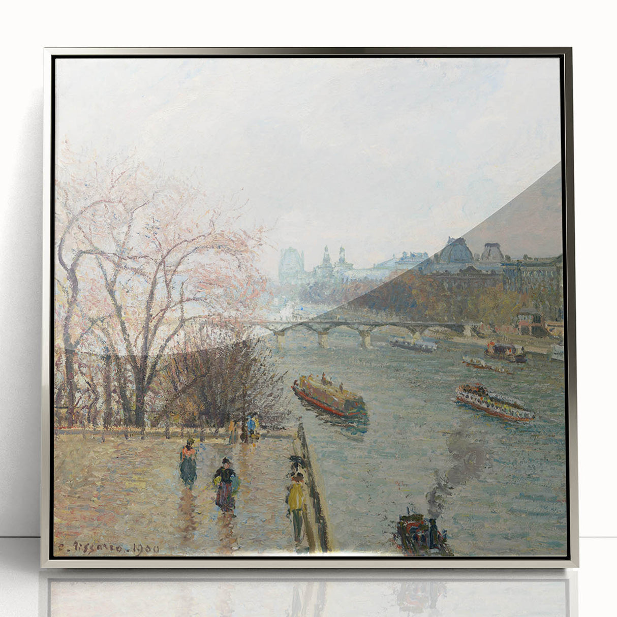 Mid-century modernist art by Camille Pissarro featuring a rural landscape in muted green and blue tones.