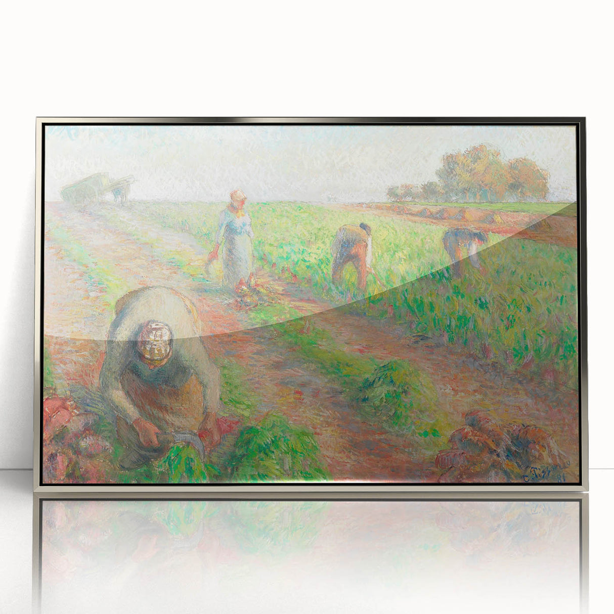 Mid-century modernist acrylic print of a Camille Pissarro design, featuring muted colors, ideal for nursery wall art.