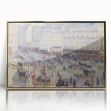 Mid-century modernist art of a rural landscape in muted green and blue tones on a large framed acrylic print.
