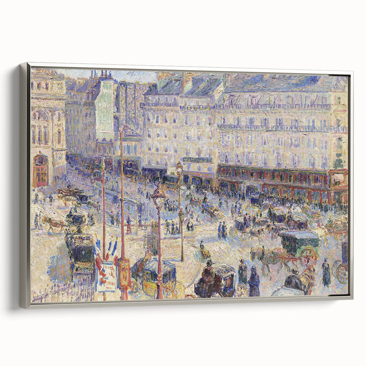 Framed canvas featuring a Camille Pissarro landscape painting with colorful trees and fields, ideal for vintage style decor.
