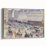 Framed canvas featuring a Camille Pissarro landscape painting with colorful trees and fields, ideal for vintage style decor.