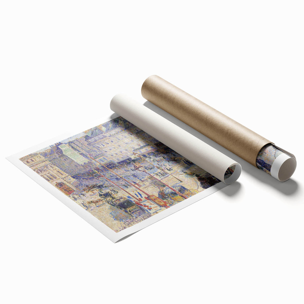 Extra large rolled print of a Camille Pissarro floral painting in muted green and pink tones.