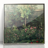 Mid-century modernist art by Camille Pissarro, featuring a pastoral landscape in soft green and blue tones.